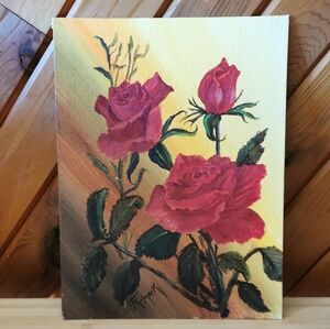 Vintage Signed Oil Painting – Red Roses